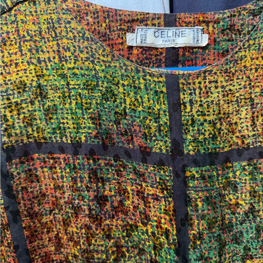 Celine multi colored 100% silk blouse w/ Black triumphs working buttons SZ 46 - Picture 2 of 10